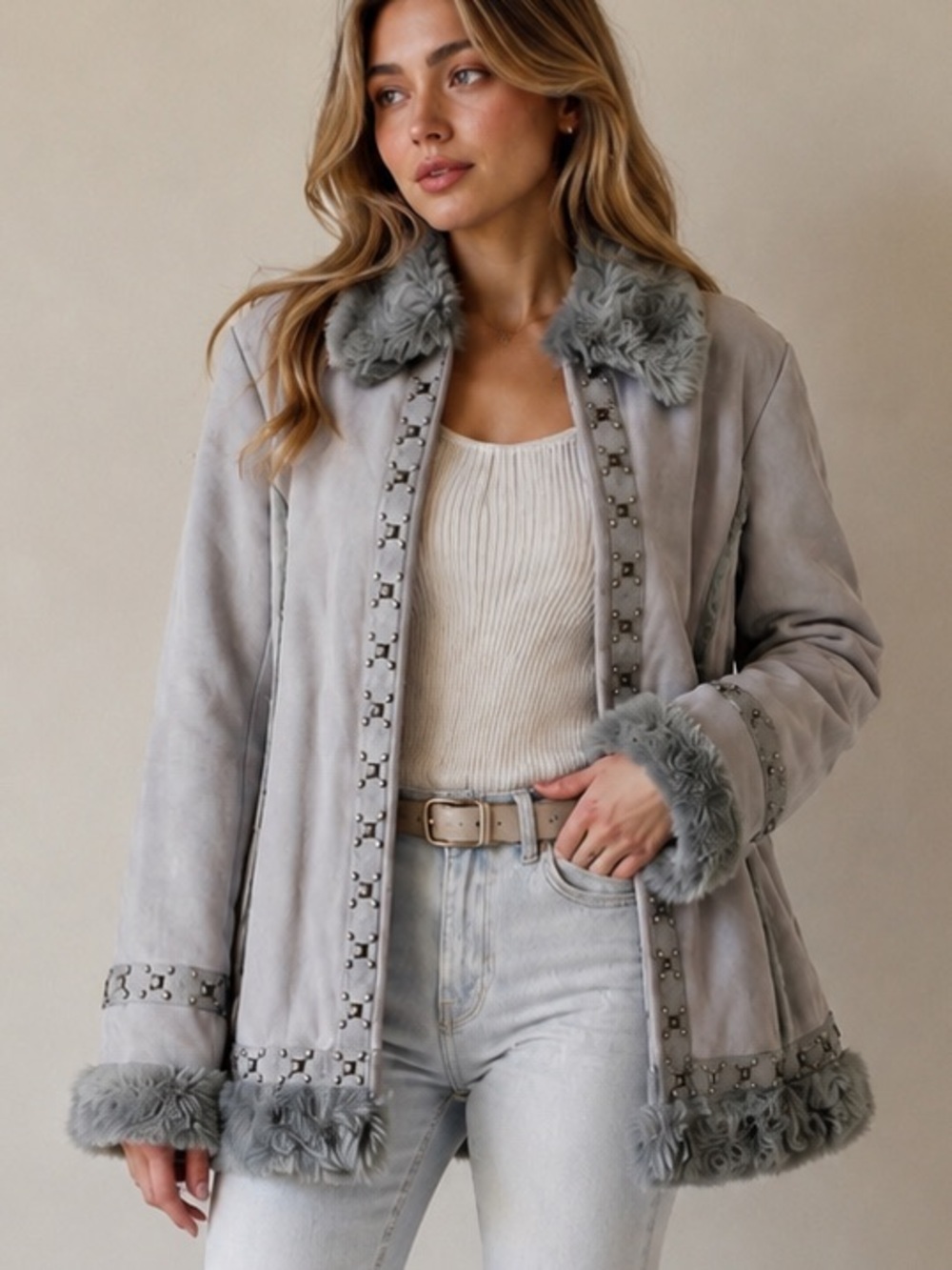 Montanaco Women's Grey Teddy Jacket with Faux Fur Trim